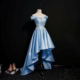 Picture of Light Blue Satin with Lace Applique High Low Homecoming Dresses, Blue Short Off Shoulder Formal Dresses